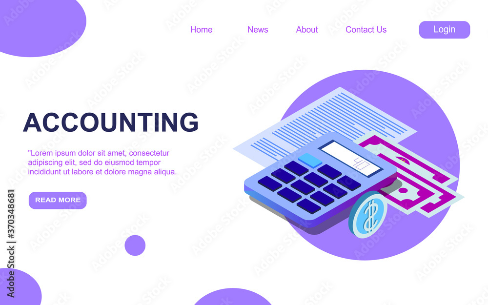 Poster accounting and audit isometric landing page template. financial analytics report consulting services