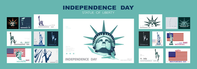 Independence day portrait Statue of Liberty, poster presentation. Set of green flat design templates. USA flag Holiday. The national symbol of America New York, banner.Name of advertising text, vector © VASYL