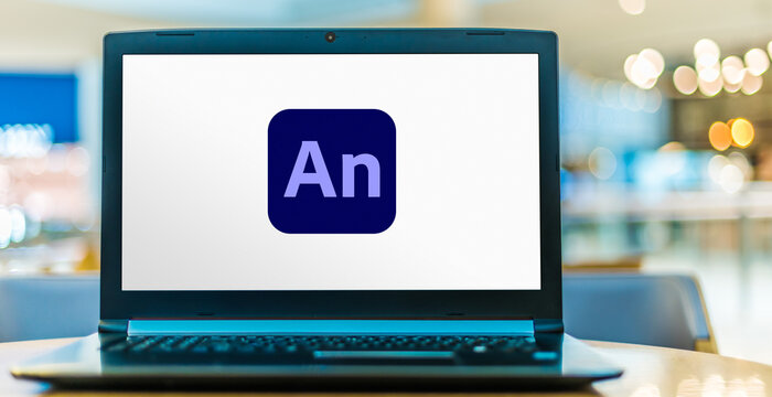 Laptop computer displaying logo of Adobe Animate