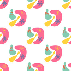 Cartoon abstract geometric seamless pattern. Fantasy geo tile background. Infinity wrapping paper with different shapes. Creative texture. Vector illustration.    