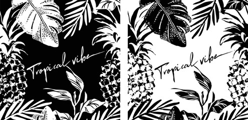 Summer tropical leaves and pineapple poster design in black and white colors, vector illustration.