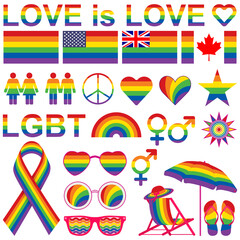 LGBT symbols. Love is Love slogan, pride flags, gender symbols, rainbow, heart, sun, other lgbt symbols. Vector illustration on a white background.