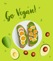 Vegan avocado toasts. Greeting postcard illustration