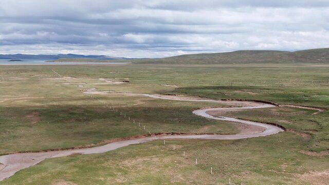 Aerial view of The source of the yellow river located in Tibet plateau China. Drone shot footage 4k(UHD).