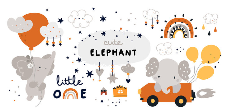 Little elephant is flying with balloon Childish collection with cute baby animals characters. Vector cartoon doodle design elements for kids design: rainbow, houses, clouds
