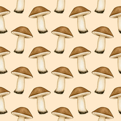 Watercolor seamless pattern with forest edible mushroom with brown cap, cooking ingredient. Background with hand drawn autumn elements for design poster, textile, card, wrapping paper, scrapbooking