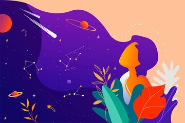Woman with flowers and leaves dreaming of space with planets and stars. Vector illustration.