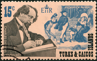 TURKS AND CAICOS ISLANDS - 1970: shows writer Charles Dickens (1812-1870), English novelist and...