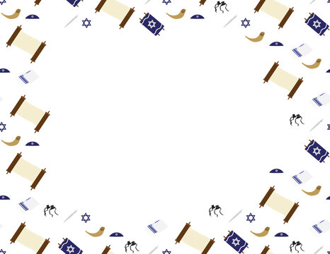 Jewish elements seamless border - Torah scroll, Torah hand, Tallit, Star of David, Tefillin, and Shofar on White Background