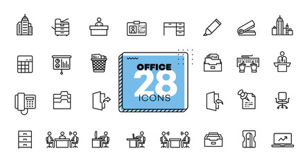 Office icons set. Line, flat, vector icons for mobile applications, buttons and website design. Illustration isolated on white background. Collection modern logo, app, infographic with EPS 10 format