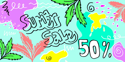Summer sale banner template with writing 50% discount.An abstract summer with palm leaves and hand drawn leaves. Tropical background. Promo badge for your seasonal designs.