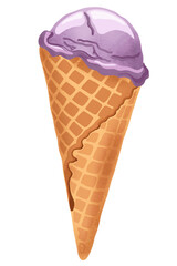 Waffle cone with purple berry ice cream. Realistic drawing.