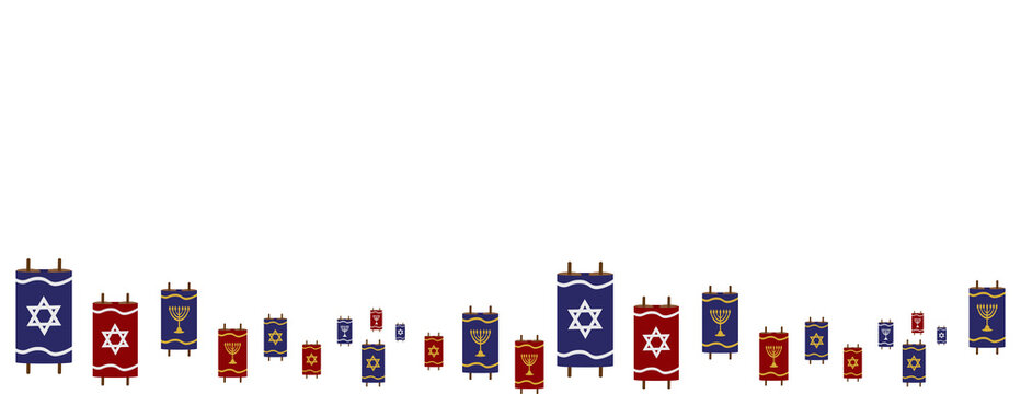 Red Blue Torah Scrolls Border on White Background