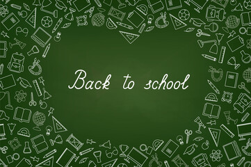 Back to School chalkboard wallpaper. Education drawn symbols pattern. School supplies icons doodle Classroom line art  background.