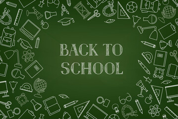 Back to School chalkboard wallpaper. Education drawn symbols pattern. School supplies icons doodle Classroom line art  background.
