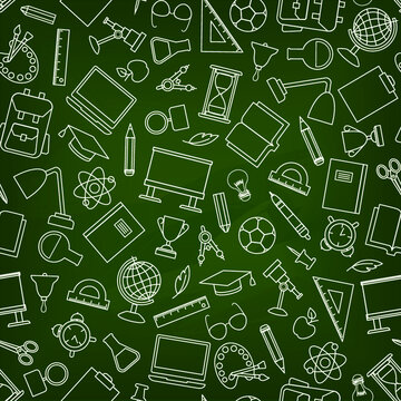 School education seamless pattern. Education symbols sketch backdrop with school supplies. Back to school icons doodle line art background.