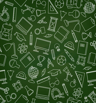 School education seamless pattern. Education symbols sketch backdrop with school supplies. Back to school icons doodle line art notebook background.