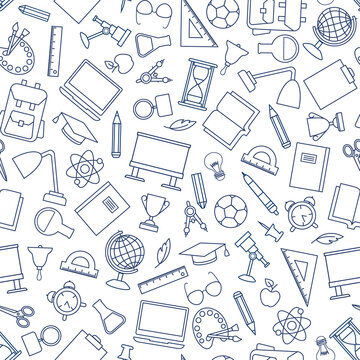 School education seamless pattern. Education symbols sketch backdrop with school supplies. Back to school icons doodle line art notebook background.