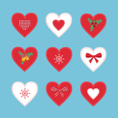 Set of Christmas patchwork hearts on blue background. Embroidered hearts with bow, snowflake and bells. - Vector illustration