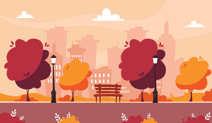 Autumn park with a bench between street lights with trees and bushes on city background. Vector illustration in flat style.