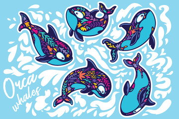 Fototapeta premium Orca whales surrounded by waves. Sticker set. Vector illustration