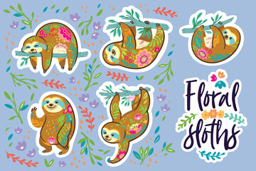 Beautiful floral sloths. Sticker set. Vector illustration