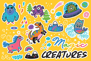 Magic creatures. Sticker set. Vector illustration