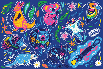 Obraz premium Australian native animals. Sticker set. Vector illustration