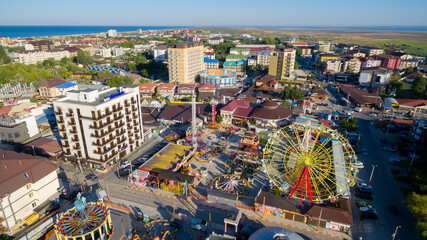 Fototapeta na wymiar Aerial view of Vityazevo village and the amusement park. Krasnodar region. Russia.
