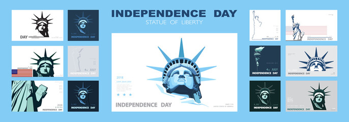 Independence day portrait Statue of Liberty, poster presentation. Set of blue flat design templates. USA flag Holiday. The national symbol of America New York, banner.Name of advertising text, vector  © VASYL