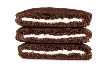 three layer vanilla cream filled chocolate cake slice