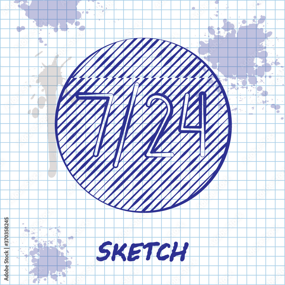 Poster sketch line clock 24 hours icon isolated on white background. all day cyclic icon. 24 hours service 