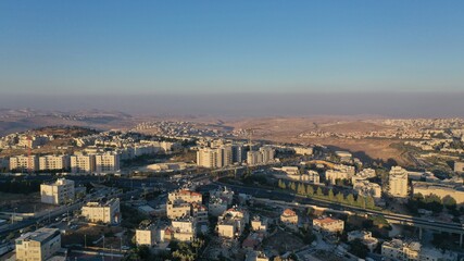 Fototapeta na wymiar Pisgat zeev and neve Yaakov neighbourhood, Aerial North Jerusalem, Israel, Drone, August 2020 