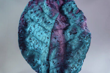 Close up Beautiful faded old leaf in neon light. Minimalism autumn style concept. Background...