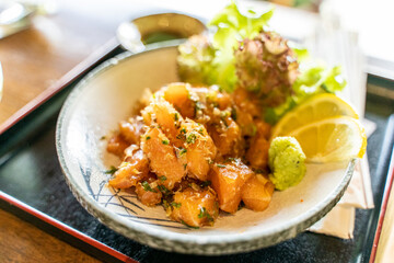 Cubed salmon salad in Japanese style seasoning