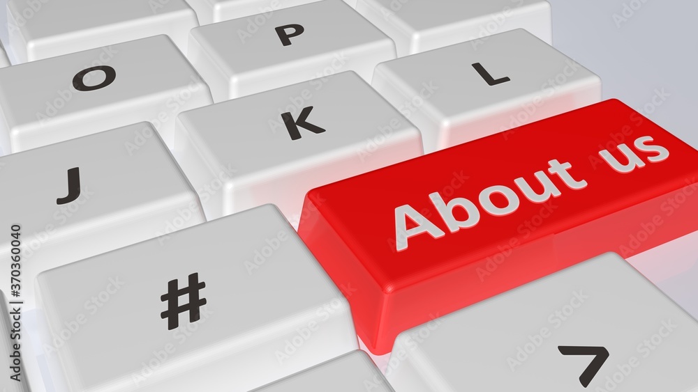 Poster keyboard with a red key having the words about us - 3d rendering illustration