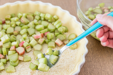 Rhubarbe déposée sur une tarte