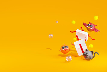 3d rendering pumpkin, owl, cat happy arround white giftbox explored on yellow background.