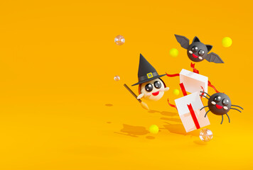 3d rendering witch, spider ,bat happy arround white giftbox explored on yellow background.