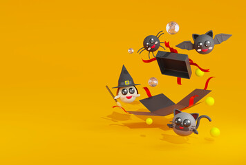 3d rendering witch, spider, cat, bat happy arround black giftbox explored on yellow background.