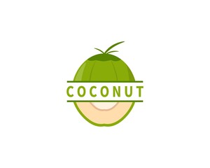 Coconut Label Between Coconut Slice Logo Concept. Vector Design Illustration. Symbol and Icon Vector Template.