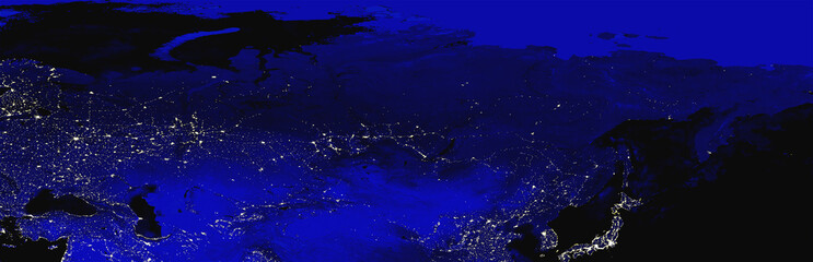 Russia, Korea, Japan, China electric lights map at night. City lights. Satellite view. Mixed media
