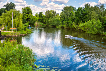 Landscape in Oranienburg with havel river and bank in beautiful sunshine