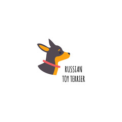 Funny cartoon style icon of russian toy terrier for different design. Cute family dog with text.
