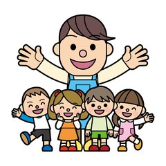 元気な子供達とエプロン姿の男性