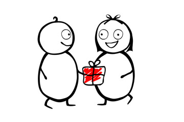 Strichmännchen Mann und Frau mit Geschenk