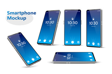 Vector blue frameless smartphone mockup set 3d