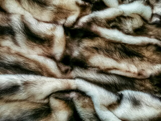 Soft fluffy wool texture background, cotton wool tiger striped pattern, close-up texture of brown and black fluffy fur,