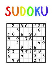 Colorful classical sudoku game stock vector illustration. Amusing number logical game printable worksheet for kids and adults. Full all empty places by numbers 1 to 9 in each column, row and region.