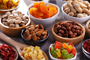 Composition with dried fruits and assorted nuts. Delicacies